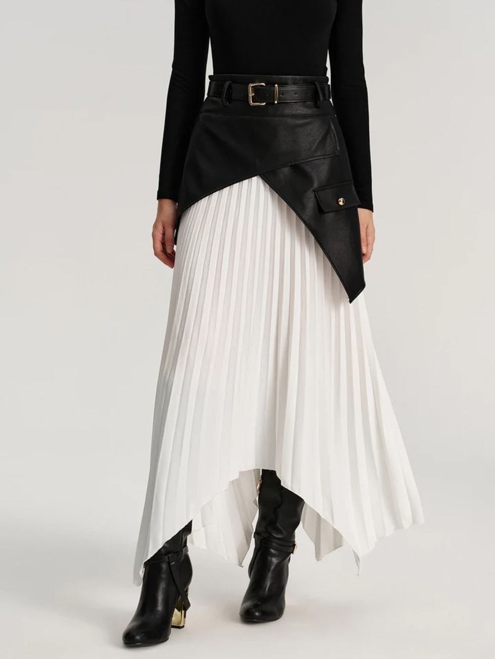 Asymmetric Two-Tone Pleated Maxi Skirt - Black & White commense nwt size small - Picture 3 of 7